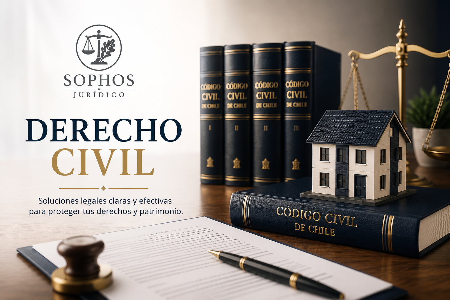 Derecho Civil en Chile con logo de Sophos Jurídico, código civil, documentos legales y símbolo de justicia.