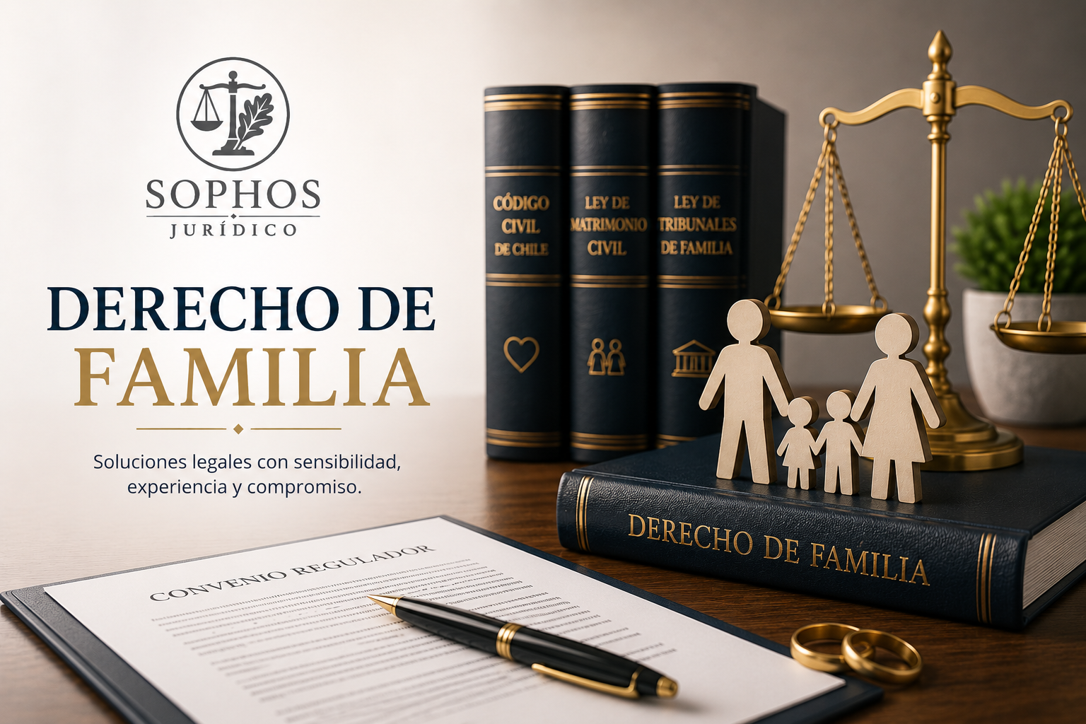 Derecho de Familia en Chile con logo de Sophos Jurídico, documentos legales, balanza de justicia y figuras familiares.