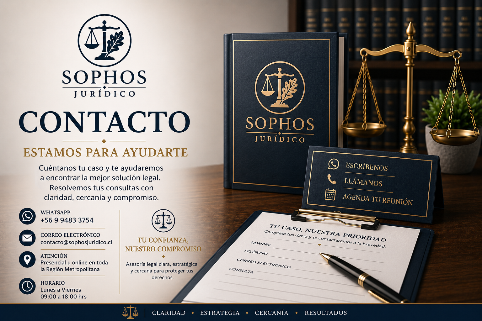 Contacto Sophos Jurídico con logo oficial, datos de WhatsApp, correo electrónico, atención legal y formulario de consulta.
