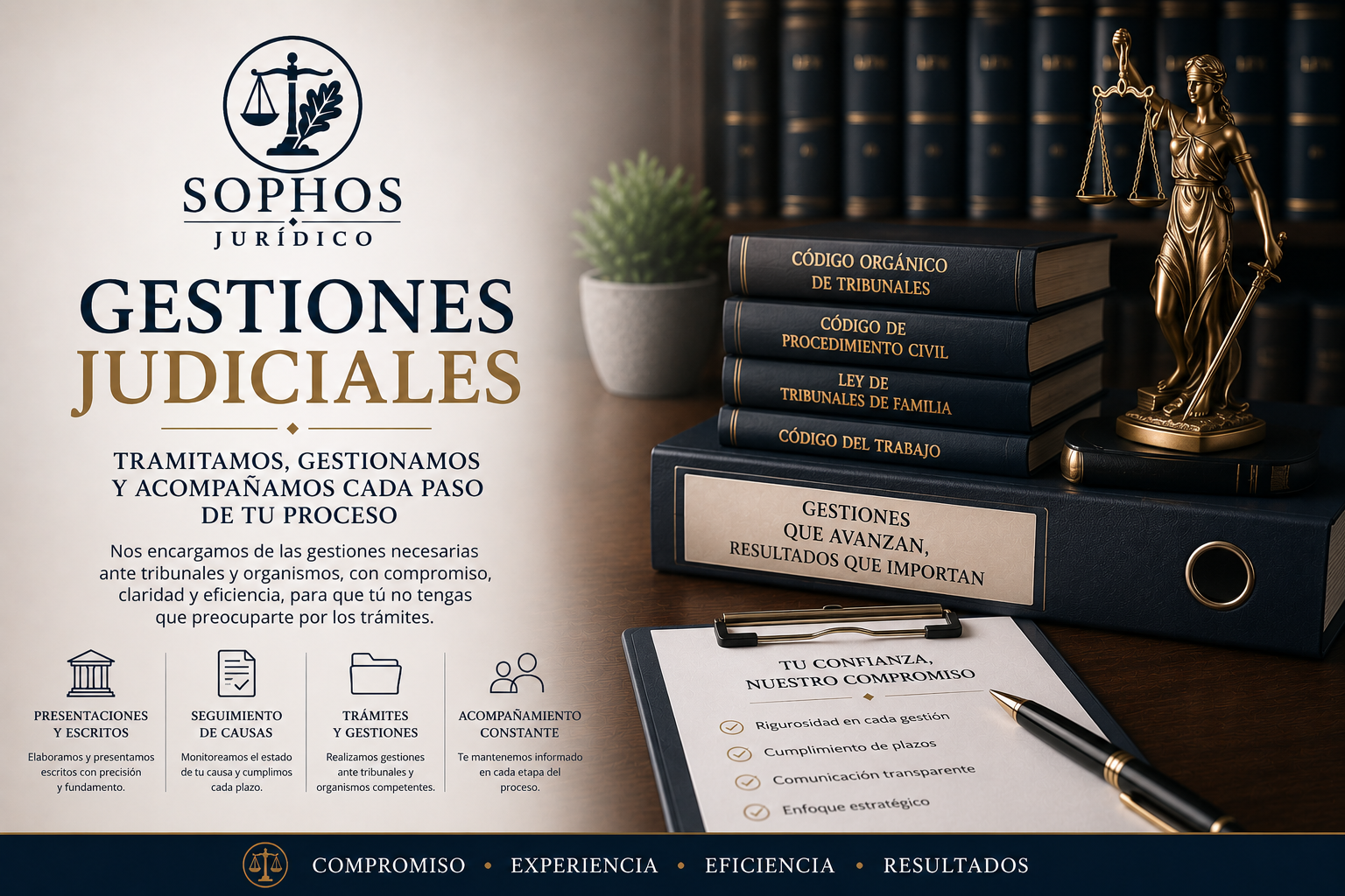 Gestiones Judiciales de Sophos Jurídico con logo oficial, libros legales, documentos, tribunal y seguimiento de causas.