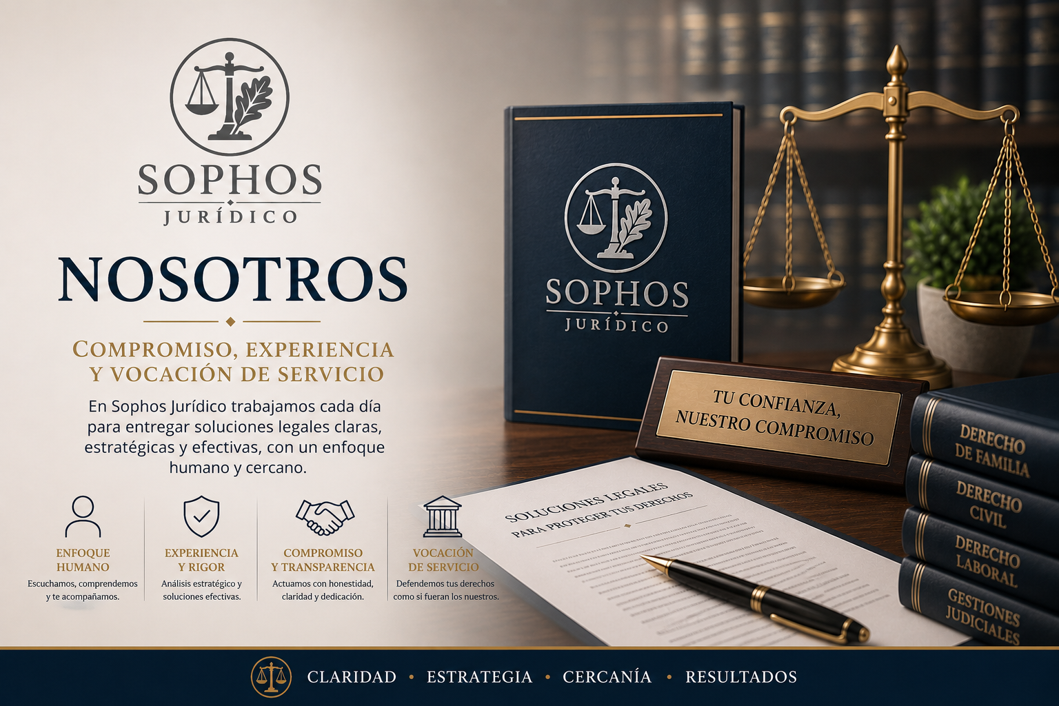 Nosotros Sophos Jurídico con logo oficial, balanza de justicia, documentos legales y valores de compromiso, experiencia y vocación de servicio.