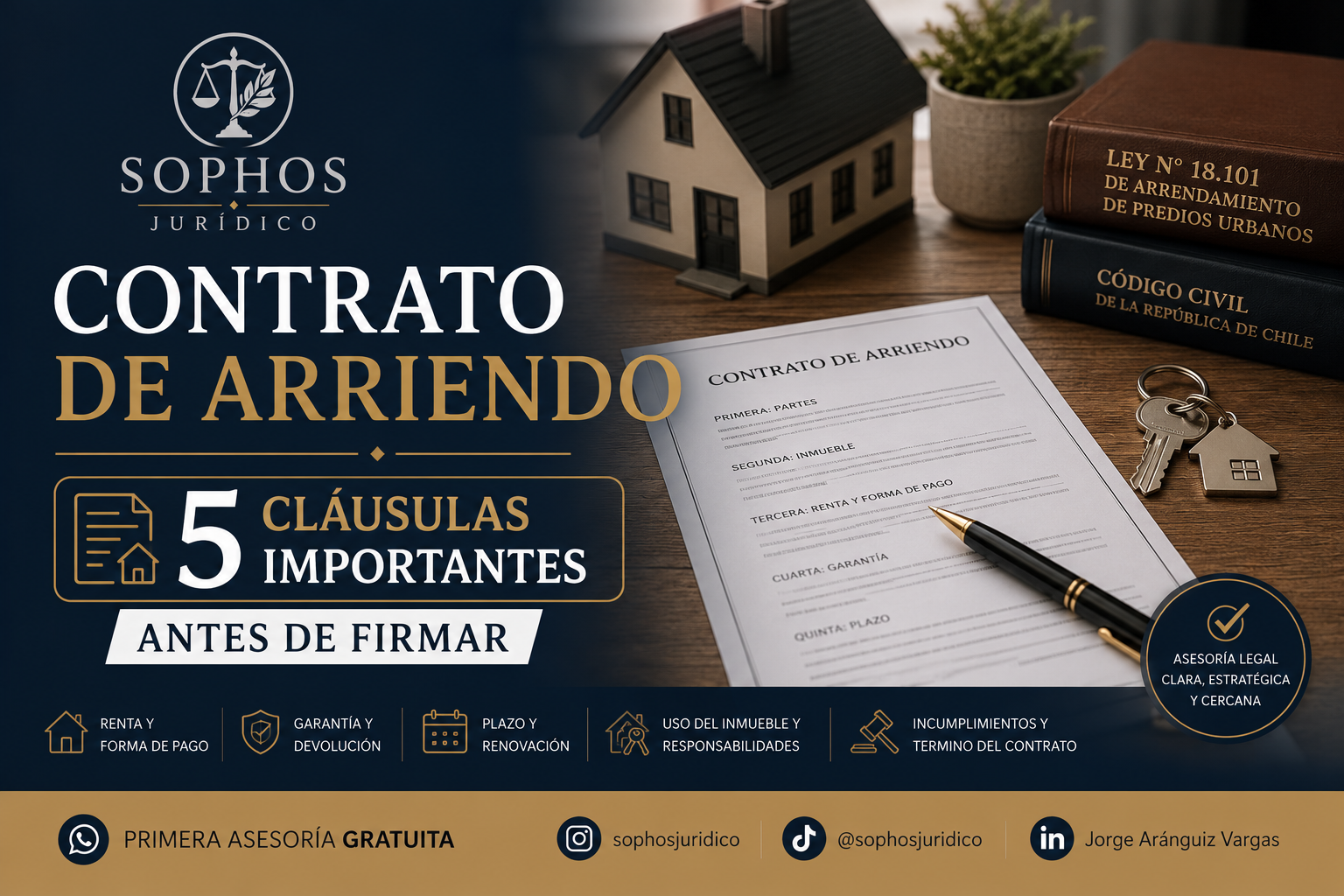 Abogado civil revisando contrato de arriendo, cláusulas, garantía, renta y antecedentes del inmueble.