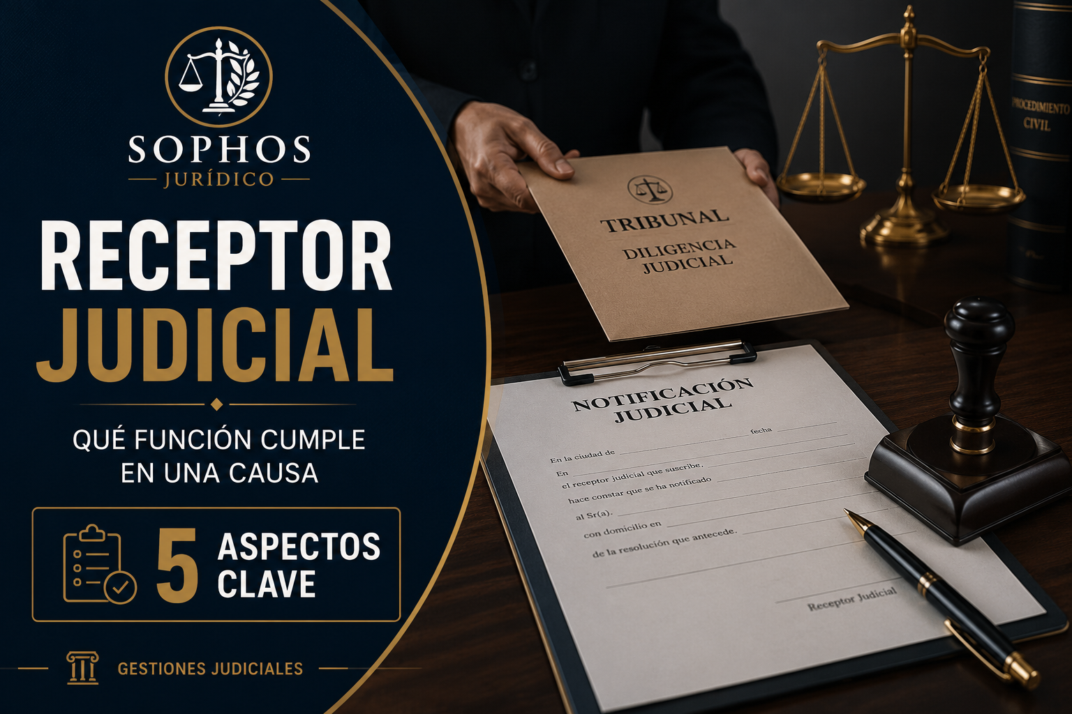 Receptor judicial entregando documentos de notificación y diligencia judicial en una causa ante tribunales.