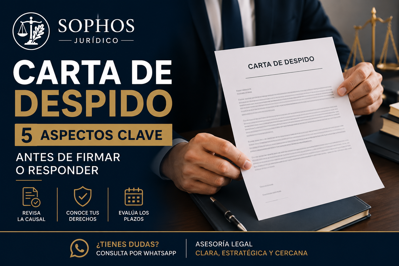 Abogado laboral revisando carta de despido, causal invocada y antecedentes del trabajador.