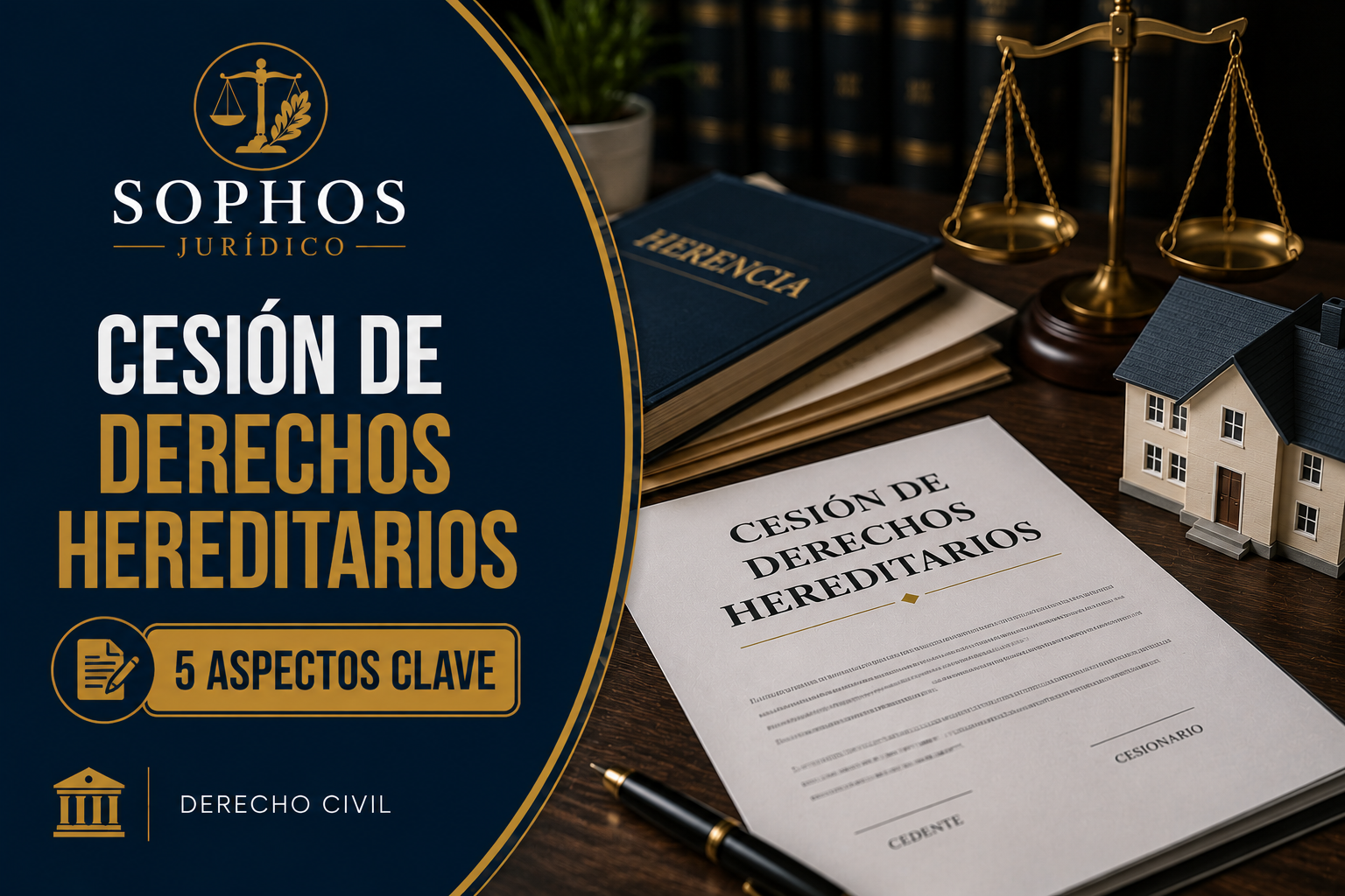 Abogado civil revisando escritura y documentos para cesión de derechos hereditarios sobre bienes de una herencia.