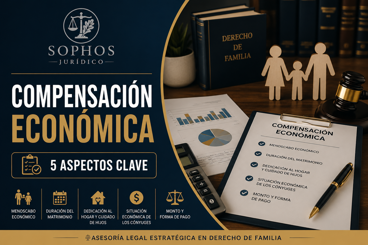 Abogado de familia revisando antecedentes económicos y patrimoniales para compensación económica en divorcio.