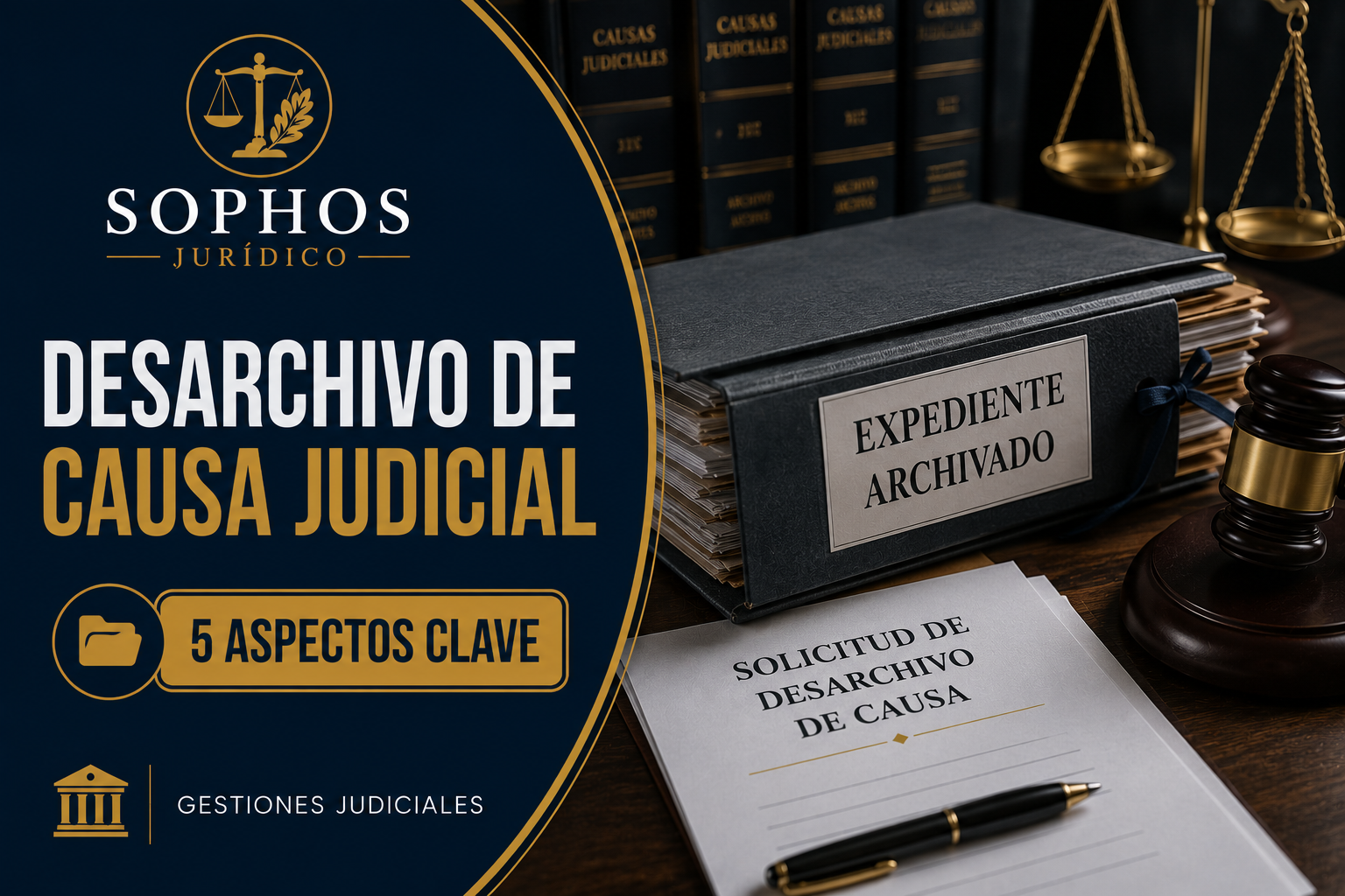 Abogado revisando expediente archivado y solicitud de desarchivo de causa judicial en un escritorio jurídico.
