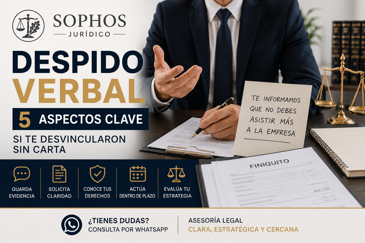 Abogado laboral revisando antecedentes de despido verbal, falta de carta de despido y finiquito pendiente.