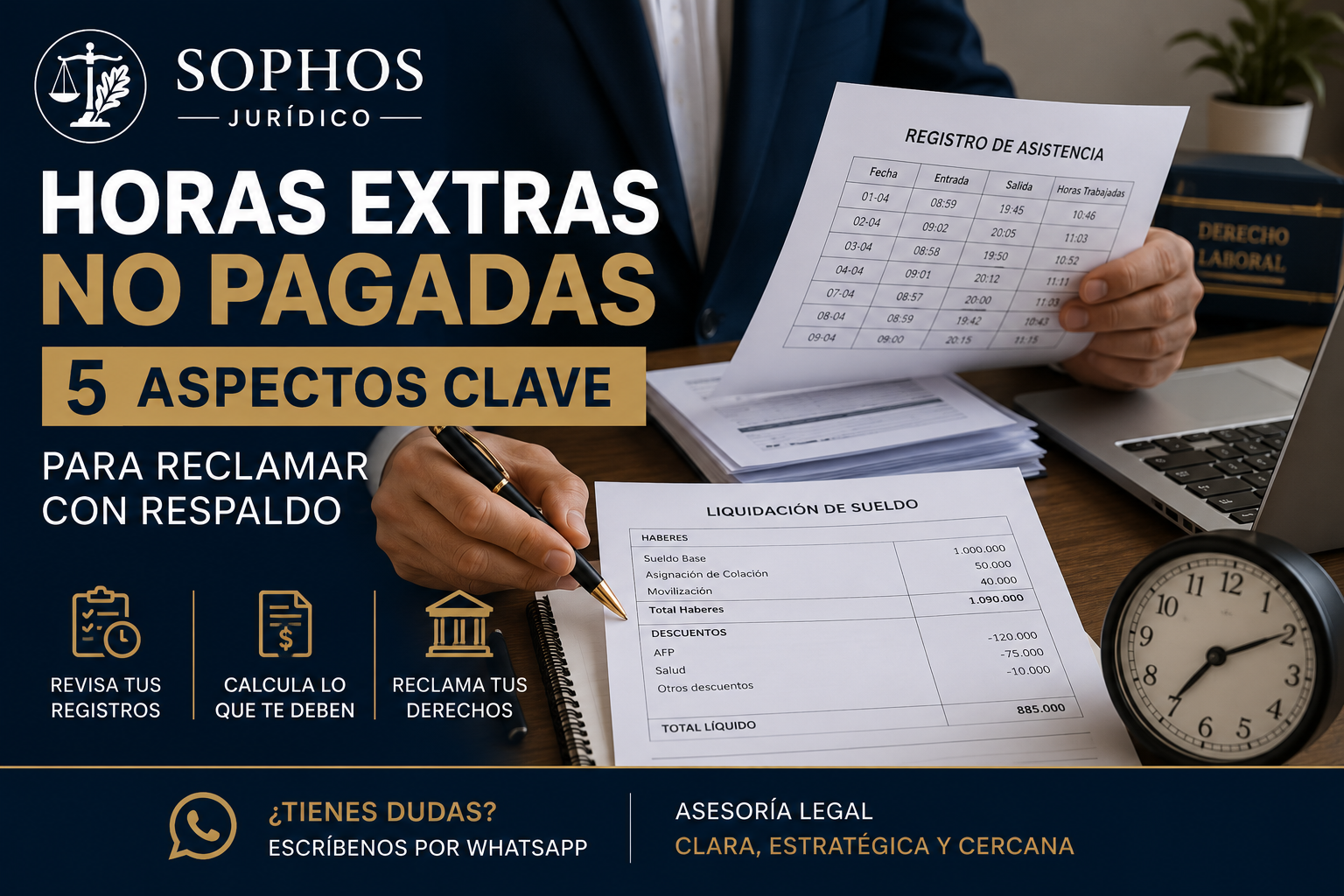 Abogado laboral revisando registros de asistencia, liquidaciones de sueldo y horas extras no pagadas.